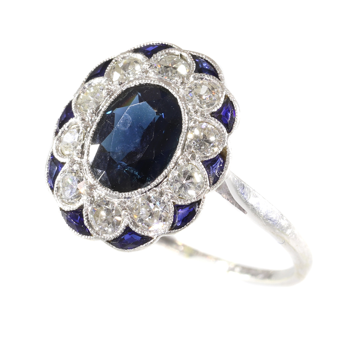 Charming original Art Deco vintage diamond and sapphire engagement ring
